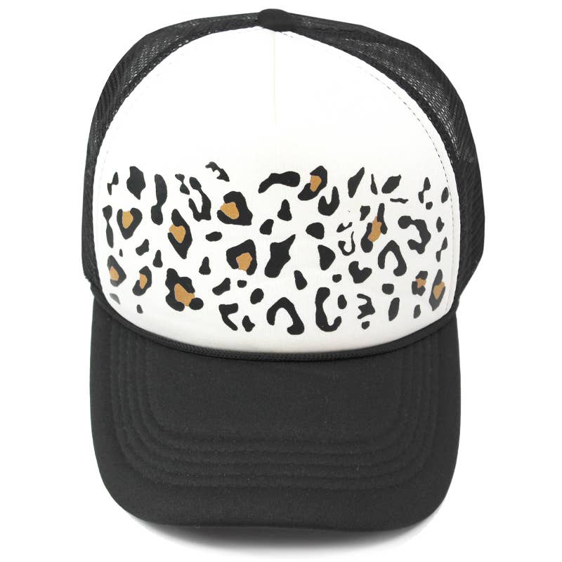 BLACK LEOPARD PRINT TRUCKER HAT: WHITE/BLACK / ONE SIZE