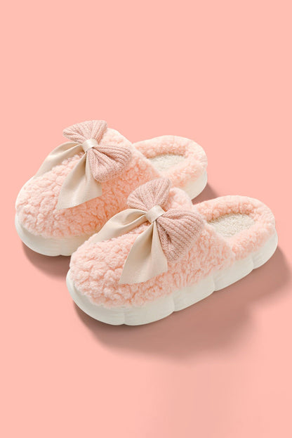 White Contrast Bowknot Applique Plush Winter Slippers