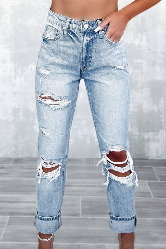 Light Wash Frayed Slim Fit High Waist Jeans: Blue