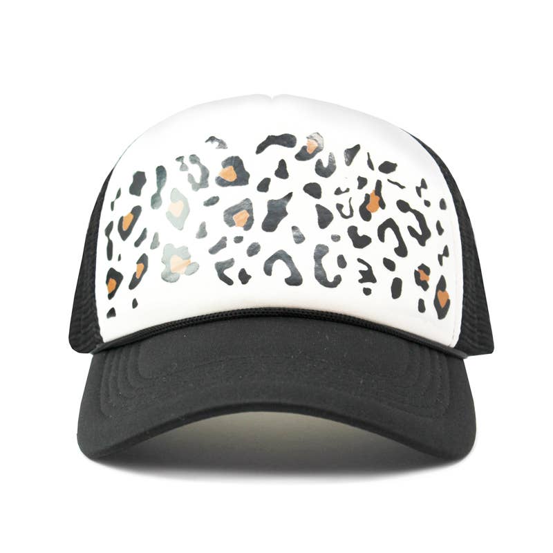 BLACK LEOPARD PRINT TRUCKER HAT: WHITE/BLACK / ONE SIZE